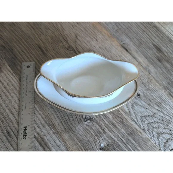 LIMOGES, FRANCE gold encrusted M. REDON 10" Gravy Boat Attached Under Plate - Picture 16 of 16